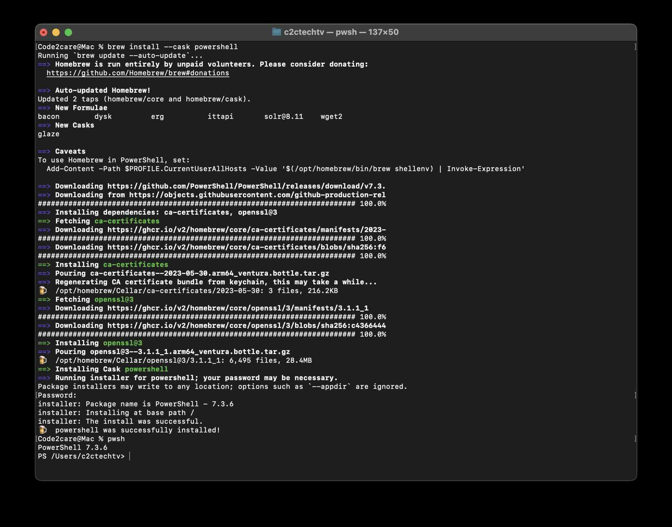 Installing and Running PowerShell on Mac using Brew Cask